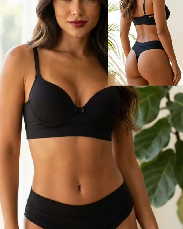 Conjunto liso preto com bojo, vestido por modelo