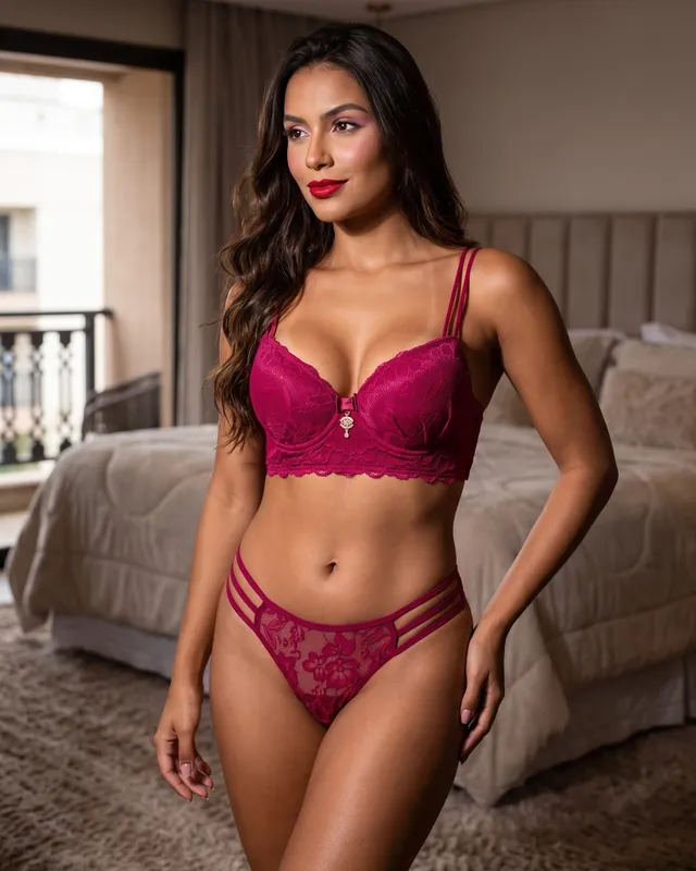 Conjunto de renda vinho com tiras, vestido por modelo