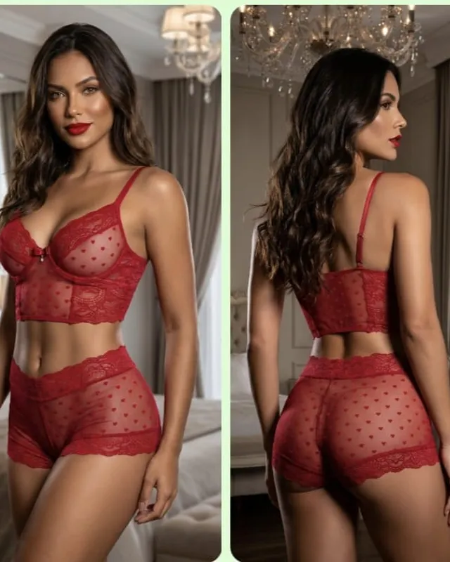Cropped e short de tule vermelho com corações, vestido por modelo, de frente e de costas